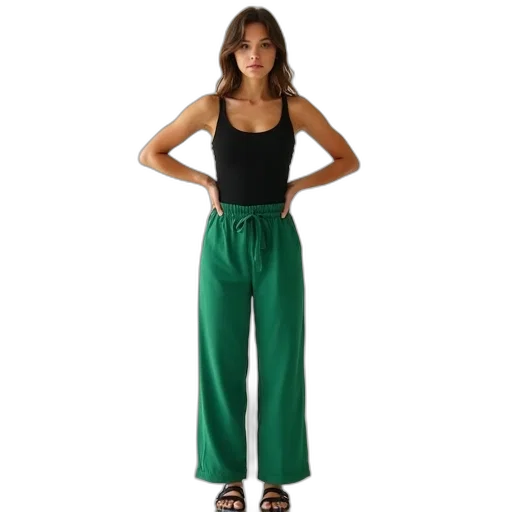 green, earth tones, woman, standing, her, hands, hips, wearing transparent PNG cut-out