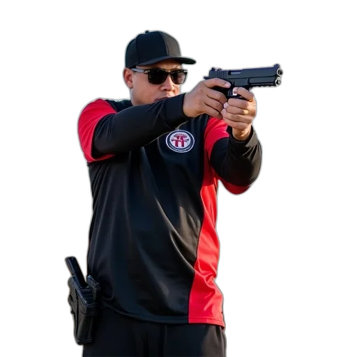 staff, weapon, jacket, person, holding, gun, both, hands transparent PNG cut-out