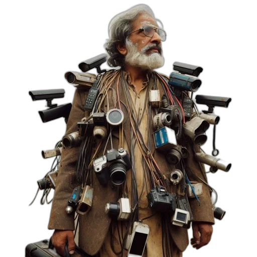weapon, jacket, staff, robot, cyberpunk, concept art, 3d render, photorealistic transparent PNG cut-out