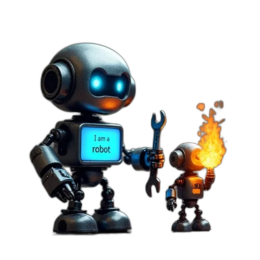 robot, staff, concept art, 3d render, pixel art, cyberpunk, fire, small transparent PNG cut-out