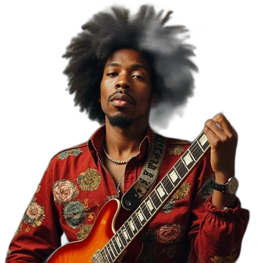jacket, staff, face, hair, photorealistic, concept art, impression, hendrix transparent PNG cut-out