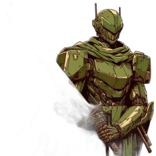 robot, concept art, comic book art, fantasy art, pixel art, green, earth tones, armored transparent PNG cut-out