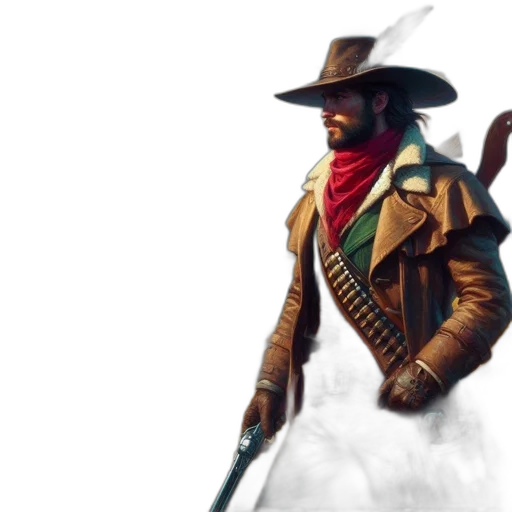 hat, jacket, weapon, staff, concept art, fantasy art, pixel art, comic book art transparent PNG cut-out