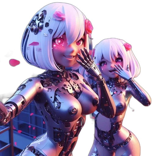 robot, cyberpunk, concept art, 3d render, pixel art, neon lights, neon, two transparent PNG cut-out