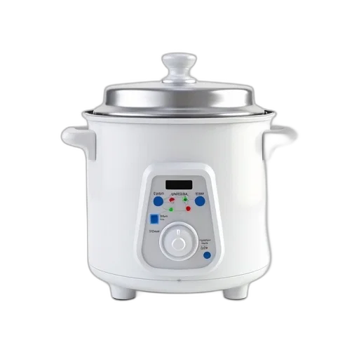 robot, white, pressure, cooker, silver, lid, placed, against transparent PNG cut-out