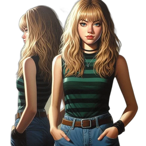 hair, dress, jacket, comic book art, concept art, photorealistic, cartoon, green transparent PNG cut-out