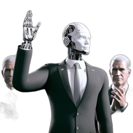 robot, concept art, cyberpunk, 3d render, humanoid, raises, hand, gesture transparent PNG cut-out