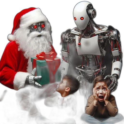 robot, concept art, traditional, santa, claus, stands, among, surprised transparent PNG cut-out