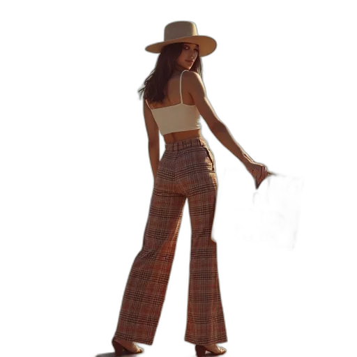 staff, 3d render, concept art, earth tones, woman, plaid, trousers, hat transparent PNG cut-out