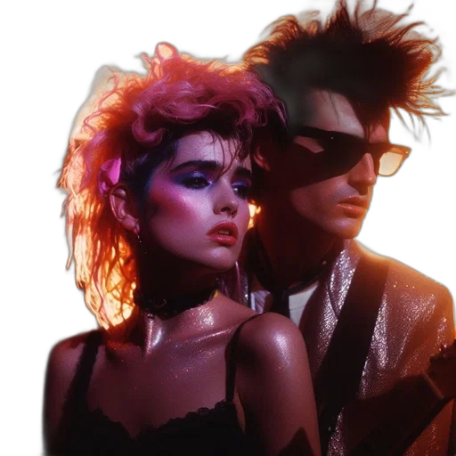 jacket, cyberpunk, vaporwave, neon lights, fire, neon, two, individuals transparent PNG cut-out