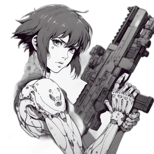 weapon, robot, cyberpunk, anime, concept art, cartoon, grayscale, illustration transparent PNG cut-out