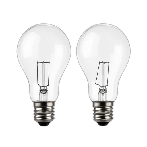 3d render, photorealistic, two, identical, glass, bulbs, metal, bases transparent PNG cut-out