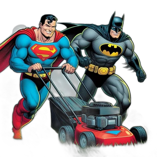comic book art, concept art, superman, pushes, lawnmower, while, batman, runs transparent PNG cut-out