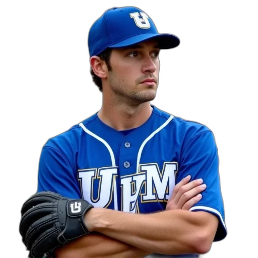 man, wearing, blue, white, baseball, uniform, letters, chest transparent PNG cut-out