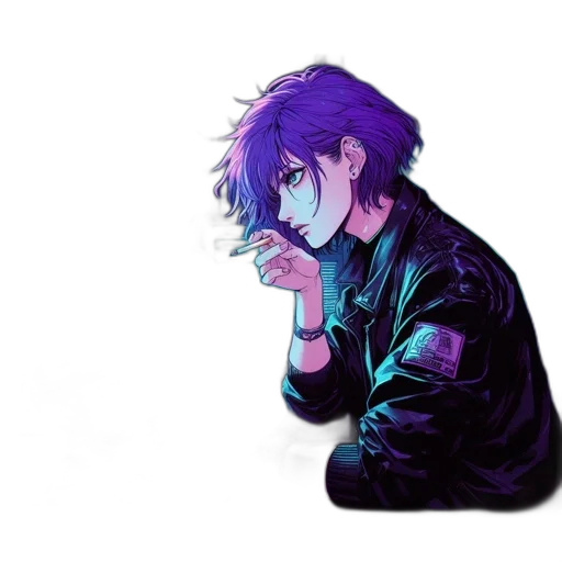 jacket, weapon, creature, staff, vaporwave, anime, cyberpunk, pixel art transparent PNG cut-out
