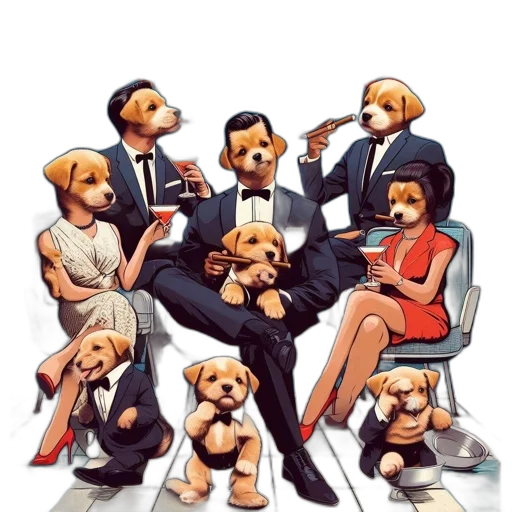 cartoon, concept art, comic book art, photorealistic, poster, features, whimsical, puppies transparent PNG cut-out