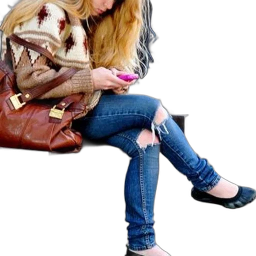 jacket, shoes, jewelry, photorealistic, woman, ripped, jeans, sweater transparent PNG cut-out