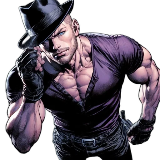 hat, comic book art, concept art, cartoon, muscular, man, purple, shirt transparent PNG cut-out