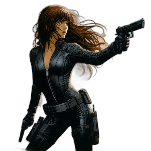 weapon, comic book art, concept art, photorealistic, cartoon, woman, brown, hair transparent PNG cut-out