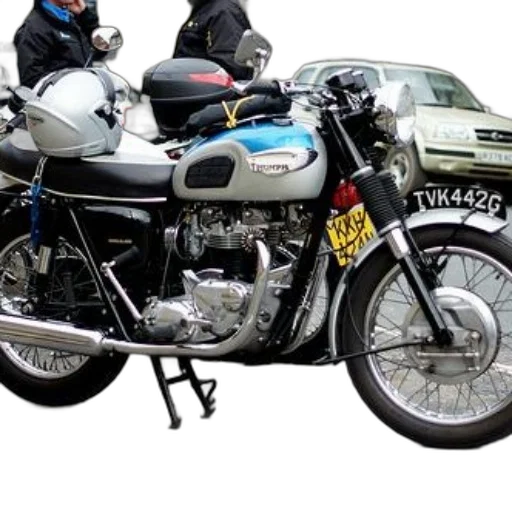 photorealistic, classic, triumph, motorcycle, blue, silver, gas, tank transparent PNG cut-out