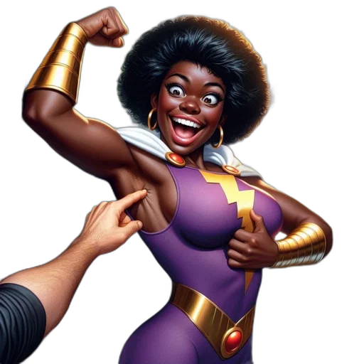 comic book art, concept art, woman, curly, afro, purple, gold, costume transparent PNG cut-out