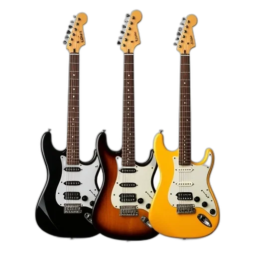 3d render, collection, three, electric, guitars, different, neck, body transparent PNG cut-out