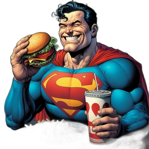 food, comic book art, concept art, cartoon, photorealistic, superman, sits, diner transparent PNG cut-out