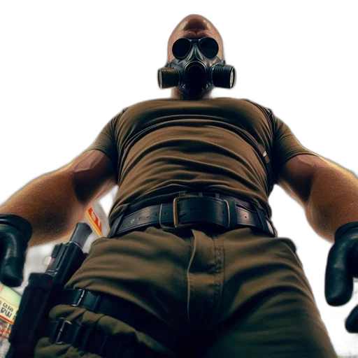 concept art, comic book art, man, gas, mask, wearing, military-style, attire transparent PNG cut-out