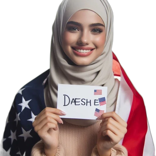 woman, beige, hijab, holds, daeshe, sign, miniature, flags transparent PNG cut-out