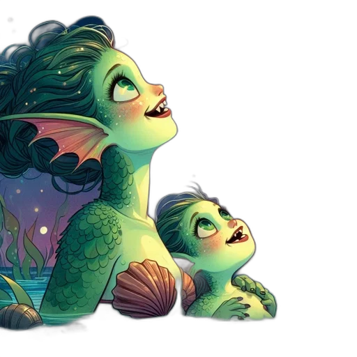 concept art, fantasy art, watercolor, comic book art, underwater, outer space, green, two transparent PNG cut-out