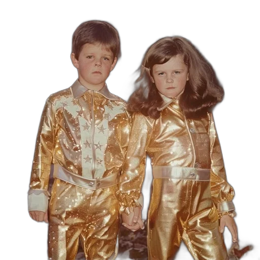 jacket, dress, outer space, golden, two, children, boy, girl transparent PNG cut-out