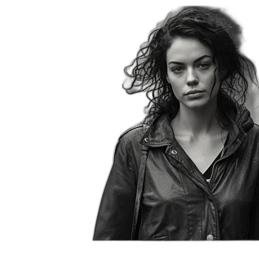 jacket, face, hair, dress, photorealistic, serious-looking, woman, leather transparent PNG cut-out