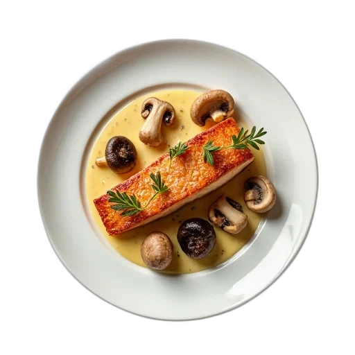 food, golden, plate, piece, fish, top, surrounded, mushrooms transparent PNG cut-out