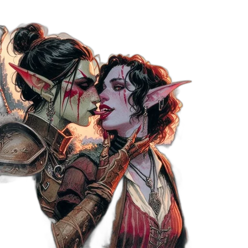 fantasy art, concept art, comic book art, two, elves, exchange, tender, kiss transparent PNG cut-out