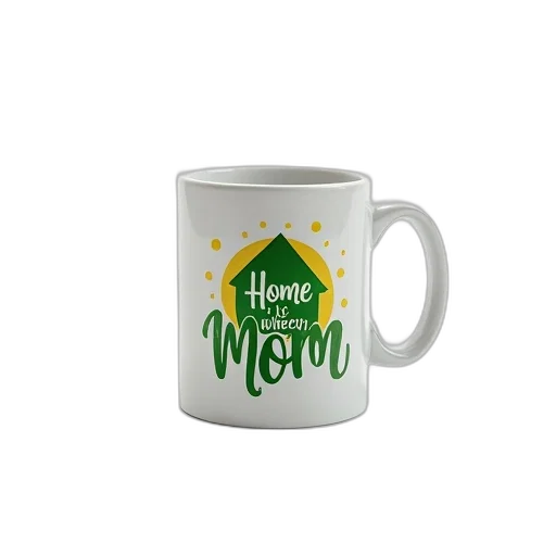 white, ceramic, mug, green, yellow, design, featuring, house transparent PNG cut-out