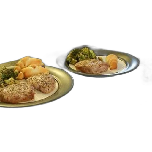 food, 3d render, kitchen, counter, plates, including, pork, chops transparent PNG cut-out
