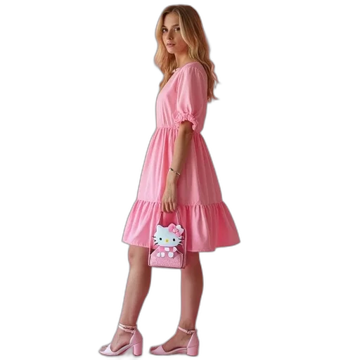 dress, little, pink, shoes, blonde, woman, holding, hello transparent PNG cut-out