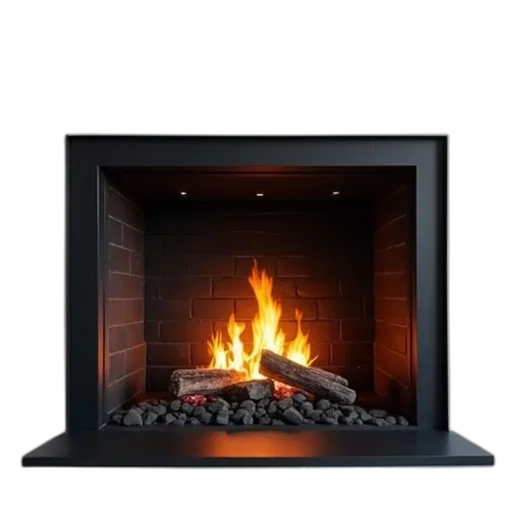 furniture, 3d render, fire, dark, black, modern, fireplace, bright transparent PNG cut-out