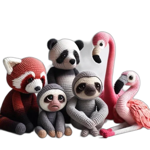 3d render, concept art, monochrome, red, collection, handmade, crocheted, animals transparent PNG cut-out