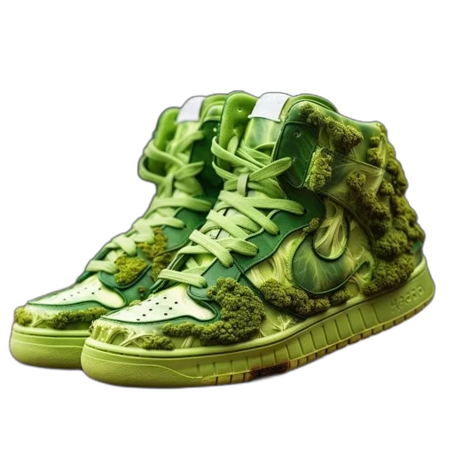 shoes, 3d render, photorealistic, concept art, green, sneakers, landscape-like, design transparent PNG cut-out