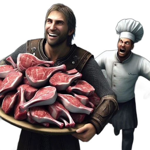 food, weapon, 3d render, concept art, fantasy art, photorealistic, cheerful, man transparent PNG cut-out