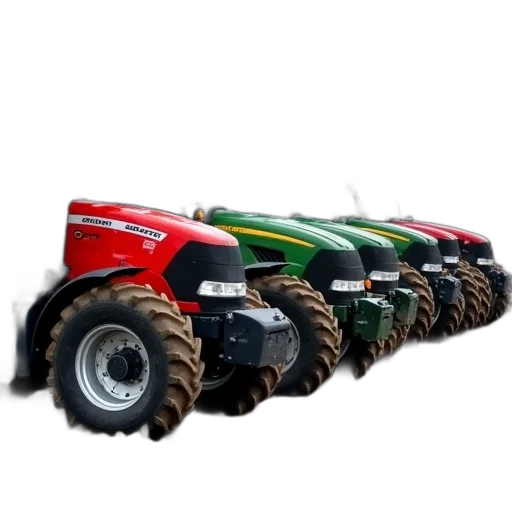 weapon, 3d render, row, tractors, parked, muddy, field, lined transparent PNG cut-out
