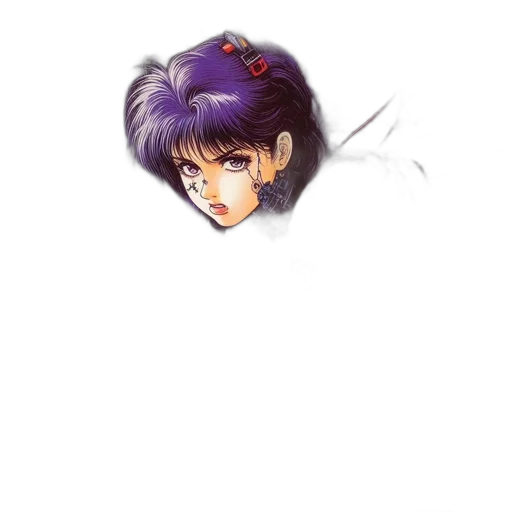 face, hair, weapon, mask, anime, vaporwave, pixel art, photorealistic transparent PNG cut-out