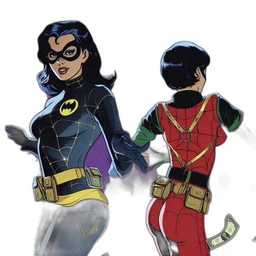 comic book art, concept art, cartoon, watercolor, two, women, superhero, costumes transparent PNG cut-out