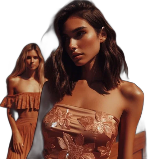 dress, photorealistic, 3d render, concept art, earth tones, golden, two, women transparent PNG cut-out