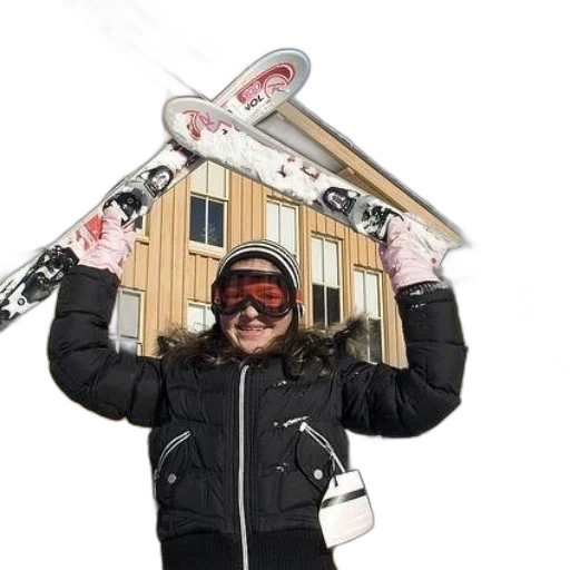 staff, face, snow, woman, black, jacket, holds, her transparent PNG cut-out