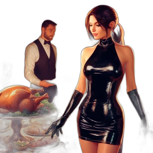 concept art, fantasy art, photorealistic, comic book art, woman, black, dress, stands transparent PNG cut-out