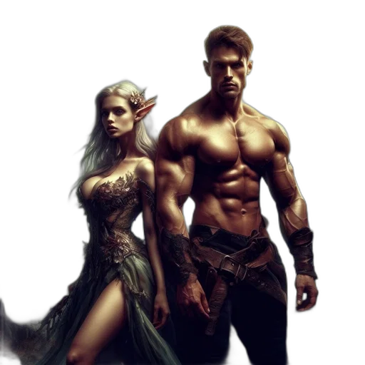 fantasy art, concept art, comic book art, cyberpunk, two, fantastical, characters, regal transparent PNG cut-out