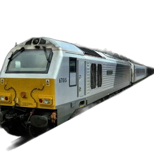 3d render, photorealistic, yellow, white, train, number, 67015, parked transparent PNG cut-out