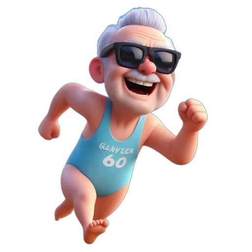 3d render, cartoon, concept art, elderly, man, blue, swimsuit, gran transparent PNG cut-out